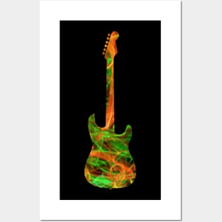 Orange on Green Flame Guitar Silhouette Posters and Art